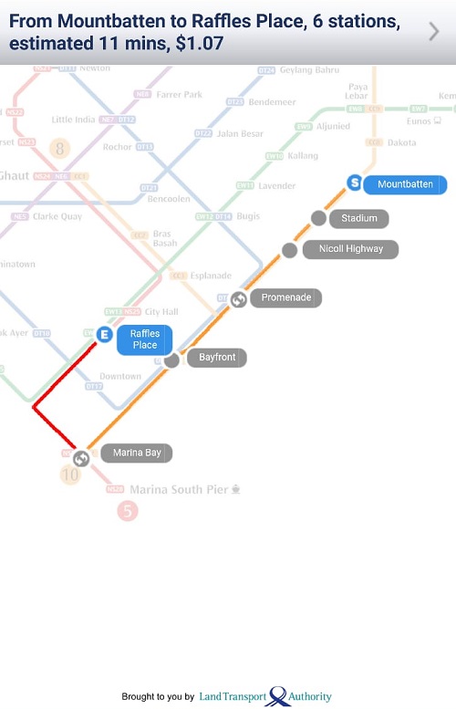 Mountbatten MRT Station to Raffles Place MRT Station