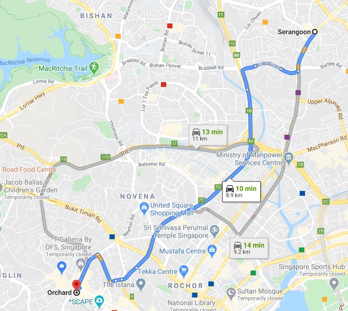 The drive from Serangoon MRT Station to Orchard MRT Station
