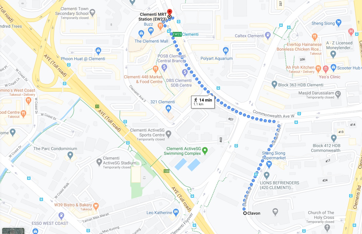 The walk from Clavon to Clementi MRT Station