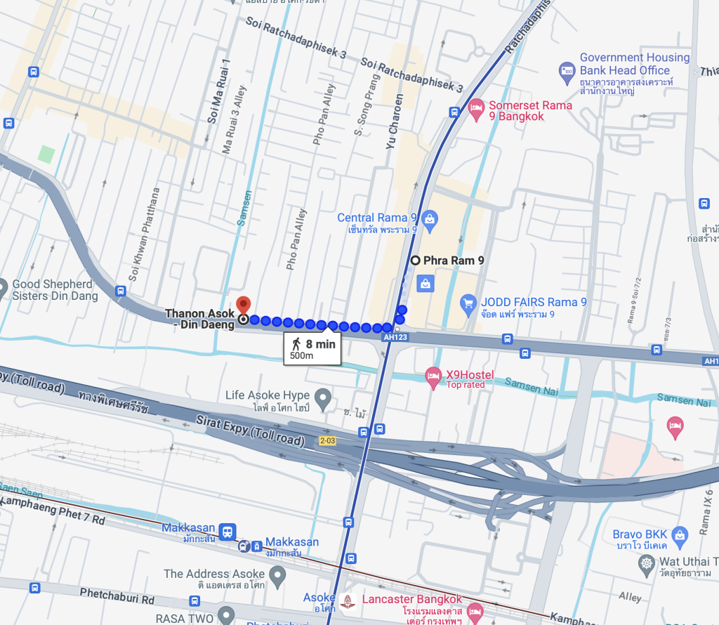 The walk from Phra Ram 9 MRT Station to Nue Epic Asok-Rama 9